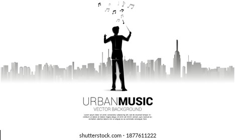 Vector silhouette of conductor standing with city background. Concept for city of music.