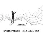 Vector silhouette of conductor standing with flying music note . Concept background for orchestra concert and recreation.