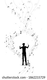 Vector silhouette of conductor standing with flying music note . Concept background for orchestra concert and recreation.