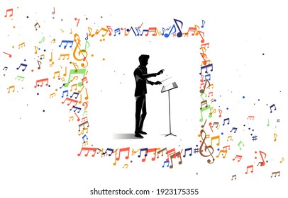 Vector silhouette of conductor standing with flying music note . Concept background for orchestra concert and recreation.