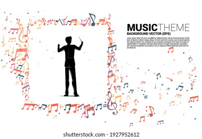 Vector silhouette of conductor standing with flying music note . Concept background for orchestra concert and recreation.