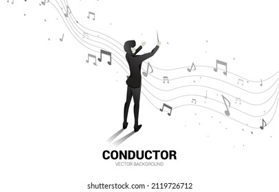 Vector silhouette of conductor standing with flying music note . Concept background for orchestra concert and recreation.