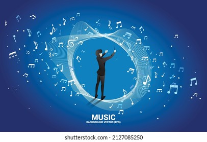 Silueta vectorial del conductor de pie con nota musical voladora. Antecedentes conceptuales para conciertos de orquesta y recreación.