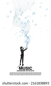 Vector silhouette of conductor standing with flying music note . Concept background for orchestra concert and recreation.