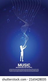 Vector silhouette of conductor standing with flying music note . Concept background for orchestra concert and recreation.