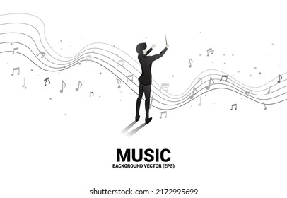 Vector silhouette of conductor standing with flying music note . Concept background for orchestra concert and recreation.