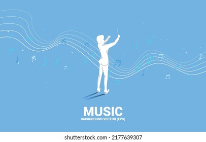 Vector Silhouette Of Conductor Standing With Flying Music Note . Concept Background For Orchestra Concert And Recreation.