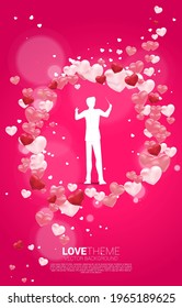 Vector silhouette of conductor standing with heart balloon flying . Concept background for love song and concert theme.