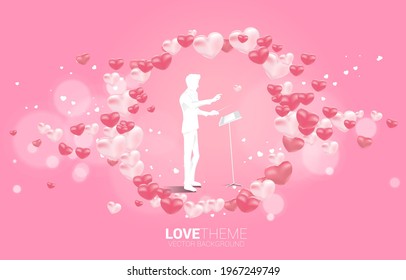 Vector silhouette of conductor standing with heart balloon flying . Concept background for love song and concert theme.