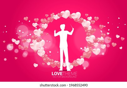 Vector silhouette of conductor standing with heart balloon flying . Concept background for love song and concert theme.