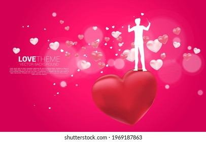 Vector silhouette of conductor standing with heart balloon flying . Concept background for love song and concert theme.