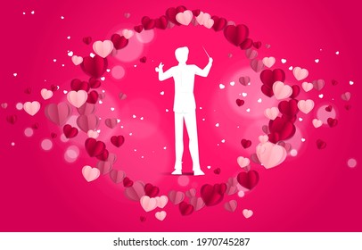 Vector silhouette of conductor standing with heart paper art flying . Concept background for love song and concert theme.