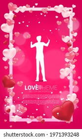 Vector silhouette of conductor standing with Heart balloon flying and square frame. valentine's day and love theme banner and poster
