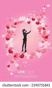 Vector silhouette of conductor standing with heart balloon flying . Concept background for love song and concert theme.