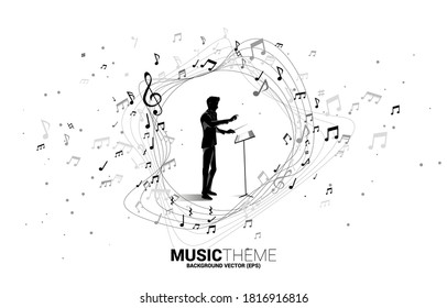 Vector silhouette of conductor standing with music melody note dancing flow . Concept background for  classic music concert and recreation.