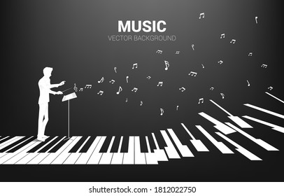 Vector silhouette of conductor standing with piano key with flying music note . Concept background for  piano concert and recreation.