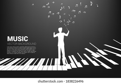 Vector silhouette of conductor standing with piano key with flying music note . Concept background for  piano concert and recreation.