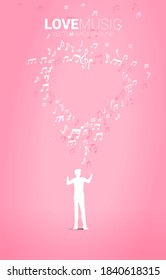 Vector silhouette of conductor standing with piano key with music melody note dancing flow . Concept background for love song and concert theme.