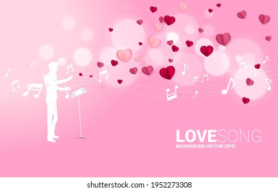 Vector silhouette of conductor standing with piano key with heart balloon flying . Concept background for love song and concert theme.