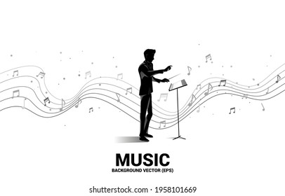 Vector silhouette of conductor standing with piano key with heart balloon flying . Concept background for love song and concert theme.