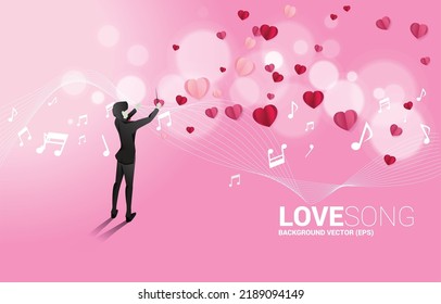 Vector silhouette of conductor standing with piano key with heart balloon flying . Concept background for love song and concert theme.