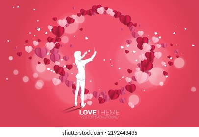 Vector silhouette of conductor standing with piano key with heart balloon flying . Concept background for love song and concert theme.