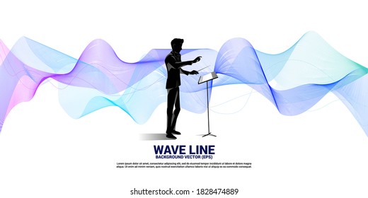 Vector silhouette of conductor standing with sound waves in background . Concept background for orchestra concert and recreation.