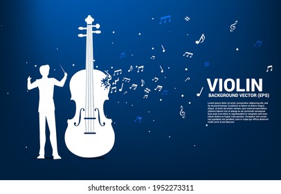 Vector silhouette of conductor with violin with music melody note dancing flow. Concept background for song and concert theme.