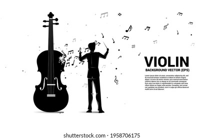 Vector silhouette of conductor with violin with music melody note dancing flow. Concept background for song and concert theme.