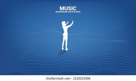 Vector Silhouette Of Conductor With Wave Surface. Concept Background For Classic Music Concert And Recreation.