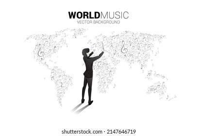 Vector silhouette of conductor with world map from music melody note dancing flow. Concept background for world song and concert theme.