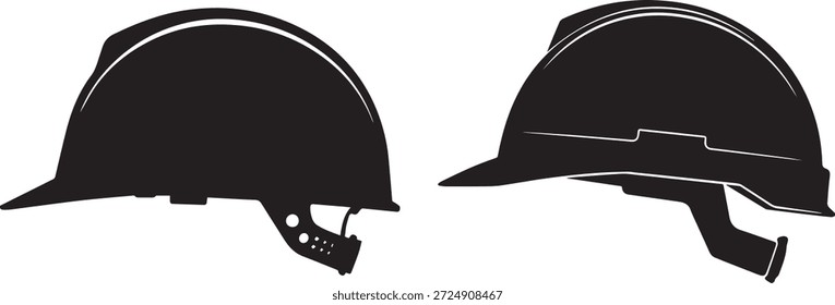 Silhueta vetorial de um capacete de segurança de construção em preto. Forma de capacete de proteção simples isolada sobre fundo branco. Ideal para construção, segurança, indústria, sinalização e projetos de design.