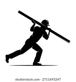 Silueta de Vector de la silueta del trabajador de la construcción que lleva la viga larga o la madera