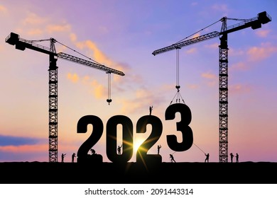 Vector silhouette of construction worker with crane and sky for preparation of welcome 2023 New Year party and change new business. Businessman engineer looking 2023 blueprint in a building site.