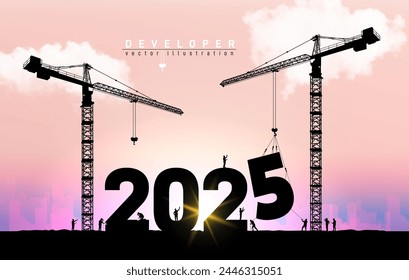 Vector silhouette of construction worker with crane and sky for preparation of welcome 2025 New Year party and change new business. Businessman engineer looking 2025 blueprint in a building site.