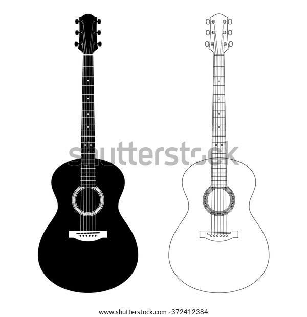 アコースティックギターのベクターシルエットと輪郭イラスト 白い背景に詳細なアイコン6弦のギター 音楽店のデザイン 広告 ウェブ用の楽器のアイコン 線画 のベクター画像素材 ロイヤリティフリー