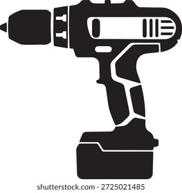 Vektorsilhouette eines schnurlosen Bohrers in Schwarz. Einfache Elektrowerkzeug-Form einzeln auf weißem Hintergrund. Perfekt für Bau-, Heimwerker-, Reparatur-, Werkstatt- und Industriedesign-Projekte.