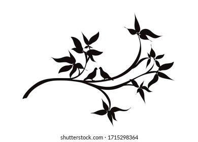 Vector silhouette of couple of birds sitting on branch with leaves on white background. Symbol of nature.