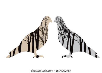 Vector silhouette of couple of birds with trees on background. Symbol of forest.