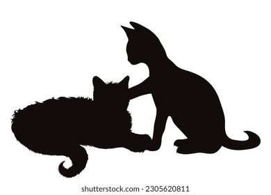 Vector silhouette of couple of cats on white background.