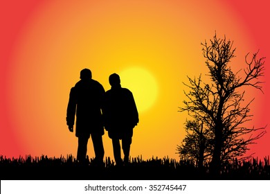 Vector silhouette of a couple in the countryside at sunset.