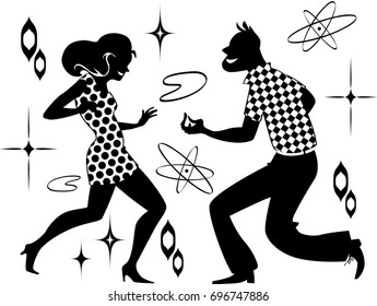 Vector silhouette of a couple dancing 1960th style, black only, no white objects, EPS 8