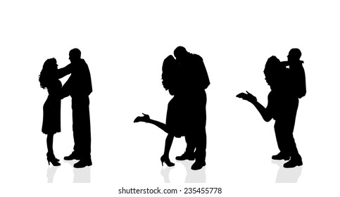 Vector silhouette of couple dancing on a white background.