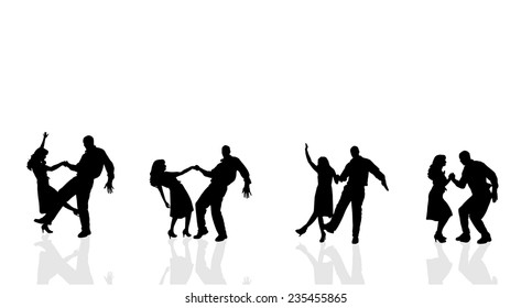 Vector silhouette of couple dancing on a white background.