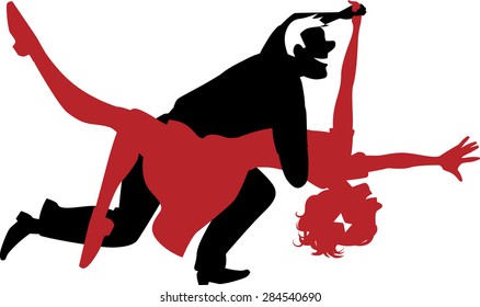 Vector silhouette of a couple dancing swing or rock and roll in red and black, no white objects, ESP 8