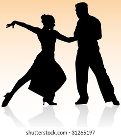 Vector silhouette of couple dancing tango on warm color background.