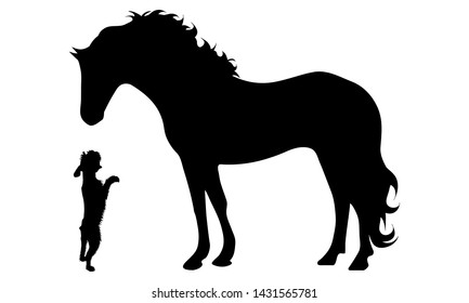 Vector silhouette of couple of dog and horse. Symbol of animal friends on white background. Farm life.