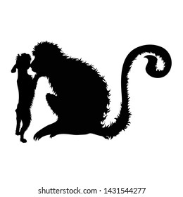 Vector silhouette of couple of dog and monkey. Symbol of animal friends on white background.