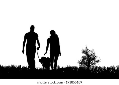 Vector silhouette of a couple with dog on a white background.