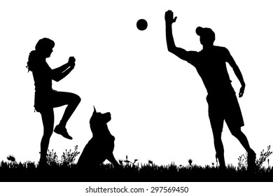 Vector silhouette of a couple with a dog on a meadow.